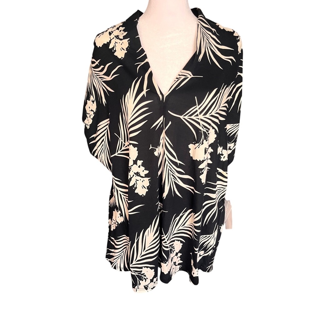Grace The Perfect Fit Woman 1X Tropical Floral V-Neck Tunic Top Black Cream NWT